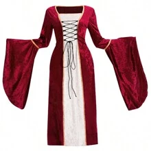 Medieval Renaissance Style Long Sleeve Princess Dress - Burgundy - View 5