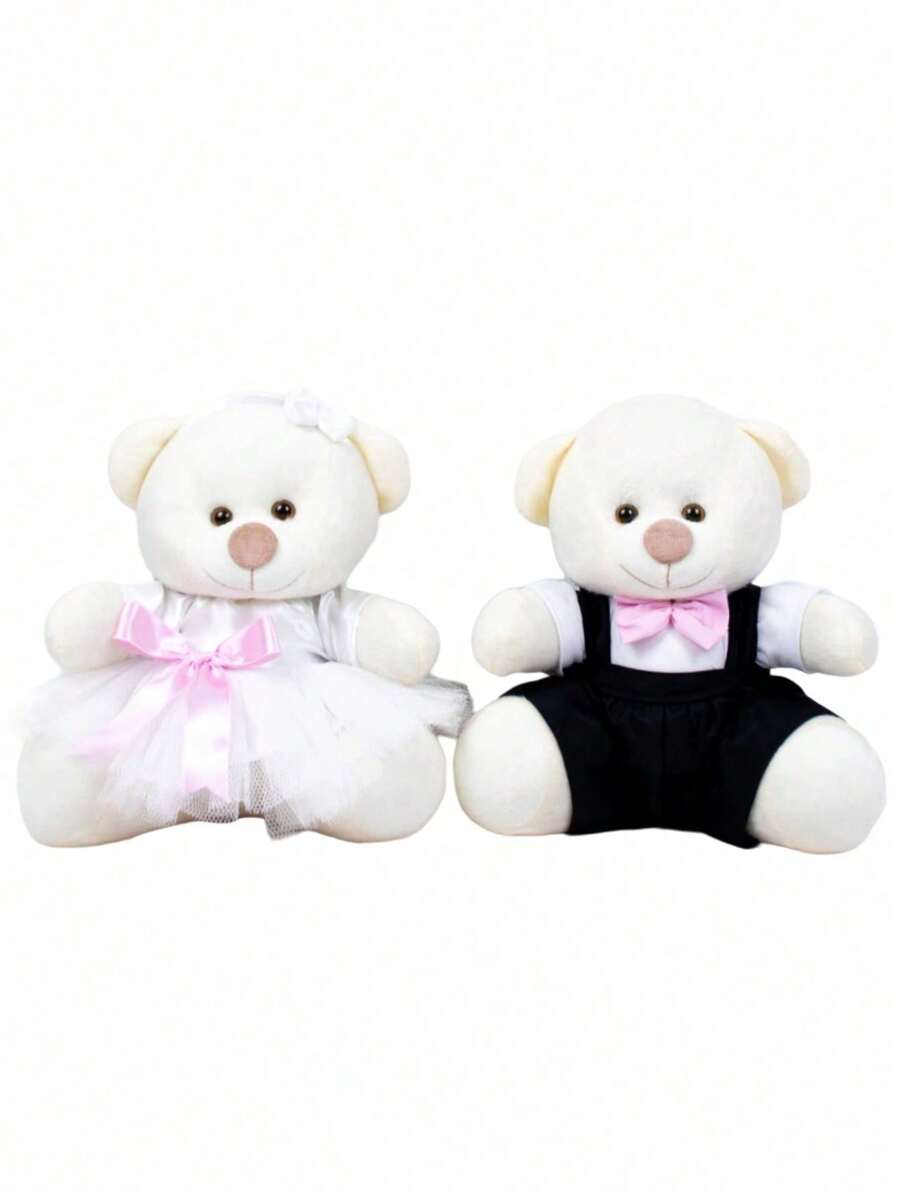 2-Piece Set Of Decorative Page Boy And Flower Girl Bears For Weddings, Straw Plush With Colorful Bow And Ties - 18 Cm - 羅莎 - 查看 1