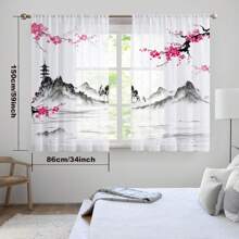 2 panele Plum Blossom Watercolor Landscape Sheer Curtain, półprzezroczyste z kieszenią na drążek, odpowiednie do kuchni, salonu, biura, sypialni, wystroju domu, do użytku przez cały rok