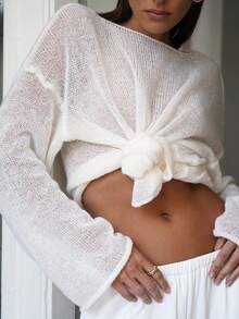 女士宽松镂空长袖白色毛衣上衣，新年白色装扮