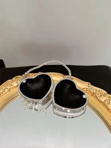 Women's Mini Shiny Rhinestone Tassel Handbag Evening Party Bag Dress Clutch Purse With Sparkling Rhinestone Heart Design Valentines, Glamorous Rhinestone Bag - Silver - View 7