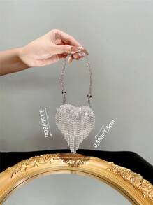 Women's Mini Shiny Rhinestone Tassel Handbag Evening Party Bag Dress Clutch Purse With Sparkling Rhinestone Heart Design Valentines, Glamorous Rhinestone Bag - Silver - View 5
