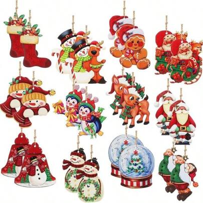 60pcs Wooden Christmas Decorations Set Farmhouse Style Christmas Hanging Ornaments For Xmas Tree, Vintage Santa Claus & Snowman, Pendant For Home Party Home Decor Room Decor Winter