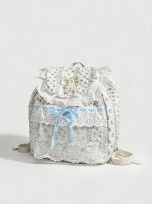Mochila con lazo de encaje con estampado floral disperso, diseño versátil y elegante para estudiantes universitarios y salidas, diseño lindo y fresco, bolso escolar para el campus