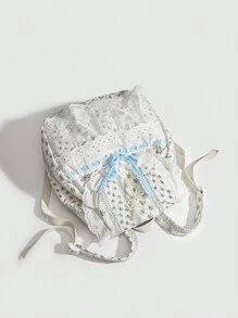 Mochila con lazo de encaje con estampado floral disperso, diseño versátil y elegante para estudiantes universitarios y salidas, diseño lindo y fresco, bolso escolar para el campus