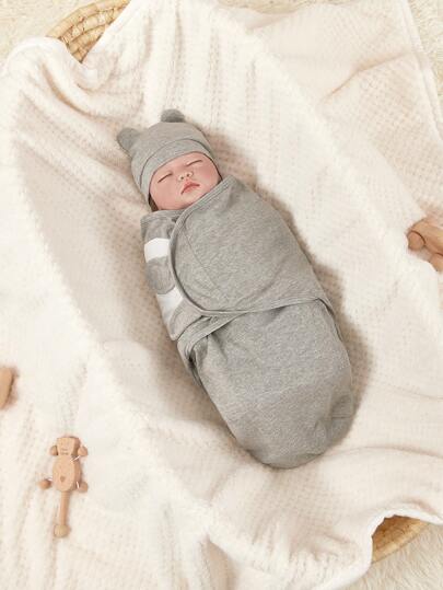 2pcs/Set Baby Unisex Printed Hat And Swaddle Blanket, Spring/Summer