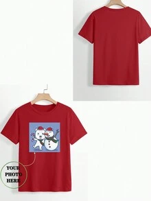 女士个性化圣诞情侣/家庭/宠物照片印花圆领休闲短袖 T 恤，定制，女式上衣，图案 T 恤，派对礼物 - 紅色 - 查看 3