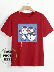 女士个性化圣诞情侣/家庭/宠物照片印花圆领休闲短袖 T 恤，定制，女式上衣，图案 T 恤，派对礼物 - 紅色 - 查看 1