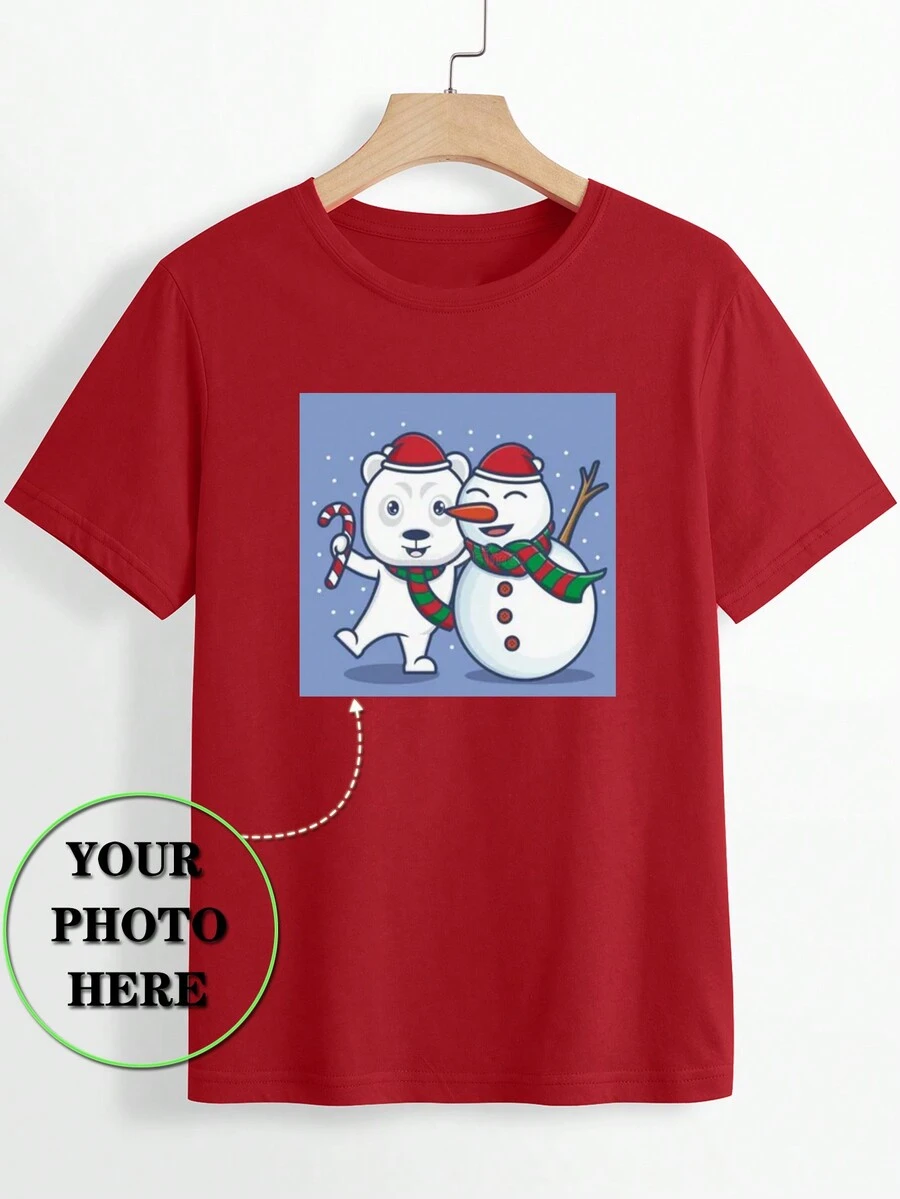 女士个性化圣诞情侣/家庭/宠物照片印花圆领休闲短袖 T 恤，定制，女式上衣，图案 T 恤，派对礼物 - 紅色 - 查看 1
