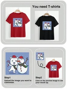 女士个性化圣诞情侣/家庭/宠物照片印花圆领休闲短袖 T 恤，定制，女式上衣，图案 T 恤，派对礼物 - 紅色 - 查看 4