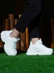 Women's Outdoor Platform Wedge Sneakers, Pure White High-Heel Casual Shoes, Super Lightweight And Comfortable, Round Toe Lace-Up, Breathable Mesh Fabric, Suitable For Daily, Workout, Office, Dating - 7CM Height Increase