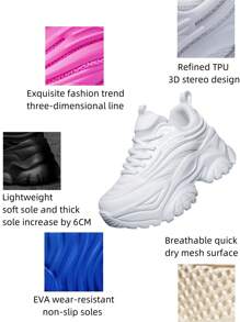Women's Outdoor Platform Wedge Sneakers, Pure White High-Heel Casual Shoes, Super Lightweight And Comfortable, Round Toe Lace-Up, Breathable Mesh Fabric, Suitable For Daily, Workout, Office, Dating - 7CM Height Increase