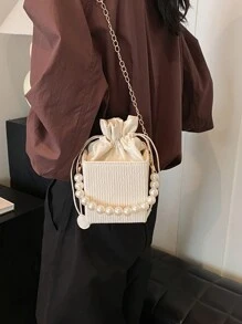 Cord 灯芯绒迷你褶皱抽绳亚克力包，时尚珍珠手提包，秋冬 - 米色 - 查看 5