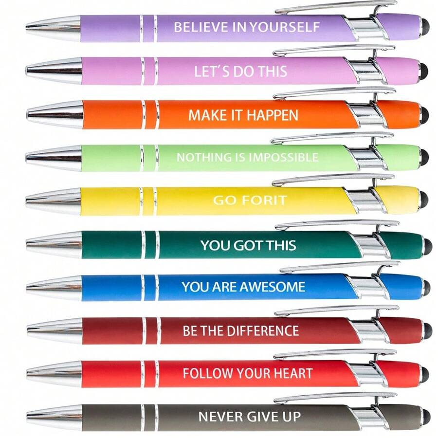 10 piezas Bolígrafos de punta fina de escritura suave con frases motivacionales para pantalla táctil - Negro - Ver 1