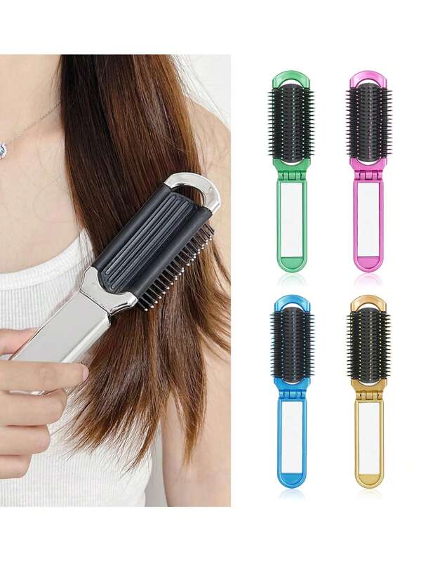 1pc Colorful Folding Hairdressing Comb With Makeup Mirror, Portable Air Cushion Comb, Suitable For Daily Outgoing Travel Use