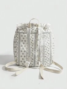 Mochila con lazo de encaje con estampado floral disperso, diseño versátil y elegante para estudiantes universitarios y salidas, diseño lindo y fresco, bolso escolar para el campus