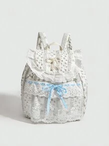Mochila con lazo de encaje con estampado floral disperso, diseño versátil y elegante para estudiantes universitarios y salidas, diseño lindo y fresco, bolso escolar para el campus