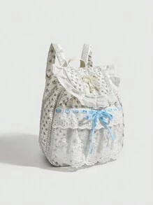 Mochila con lazo de encaje con estampado floral disperso, diseño versátil y elegante para estudiantes universitarios y salidas, diseño lindo y fresco, bolso escolar para el campus