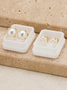 1 对/2 件简约复古小香风圆形纽扣仿珍珠耳环女士不锈钢首饰 - 金色 - 查看 2