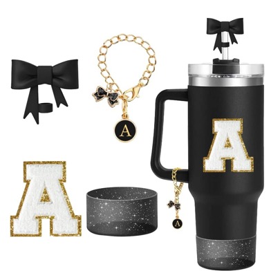 4 件套专为杯子配件设计，1 件剪裁蝴蝶结硅胶吸管盖，1 件姓名 ID 字母手柄饰物，1 件自粘字母贴纸，1 件杯套。杯子配件，0.4 英寸/10 毫米蝴蝶结吸管盖帽，适用于 30 盎司和 40 盎司的玻璃杯（黑色）