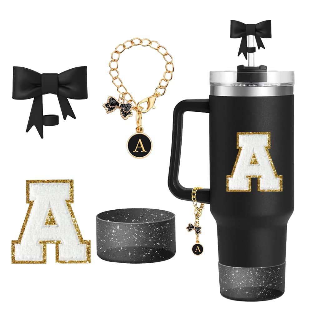 4 件套专为杯子配件设计，1 件剪裁蝴蝶结硅胶吸管盖，1 件姓名 ID 字母手柄饰物，1 件自粘字母贴纸，1 件杯套。杯子配件，0.4 英寸/10 毫米蝴蝶结吸管盖帽，适用于 30 盎司和 40 盎司的玻璃杯（黑色）