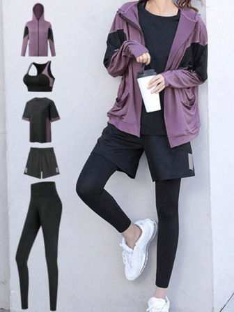 5pcs Women Sports Suit Set: Loose Batwing T-Shirt + Loose Sports T-Shirt + Sports Bra + Outdoor Pants + Loose Shorts, Gym Outfit