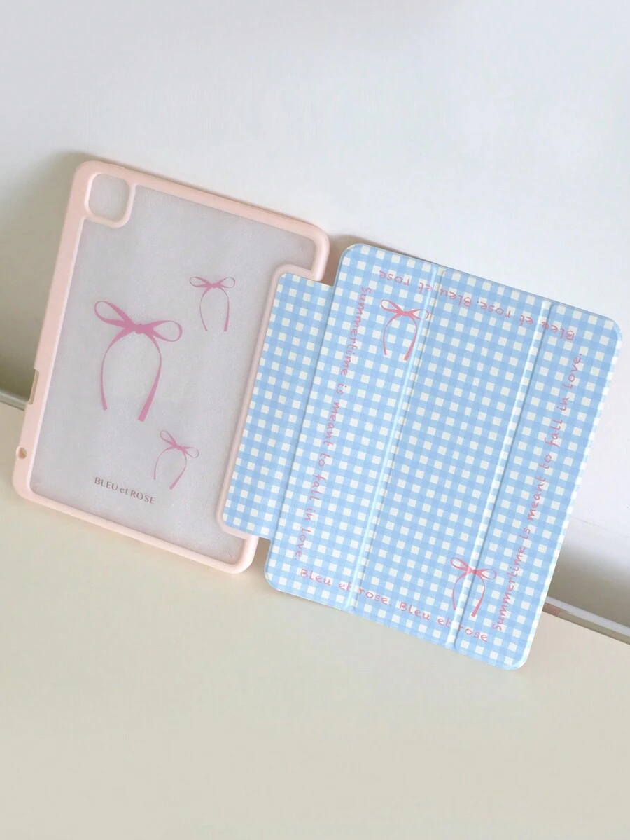 1pc Beautiful Pink Cartoon Letter Bow Checkered Double-Sided Acrylic Transparent Crystal Shockproof Protective Case With Sleep/Wake Function, Compatible With IPad, Samsung - Multicolor - View 1