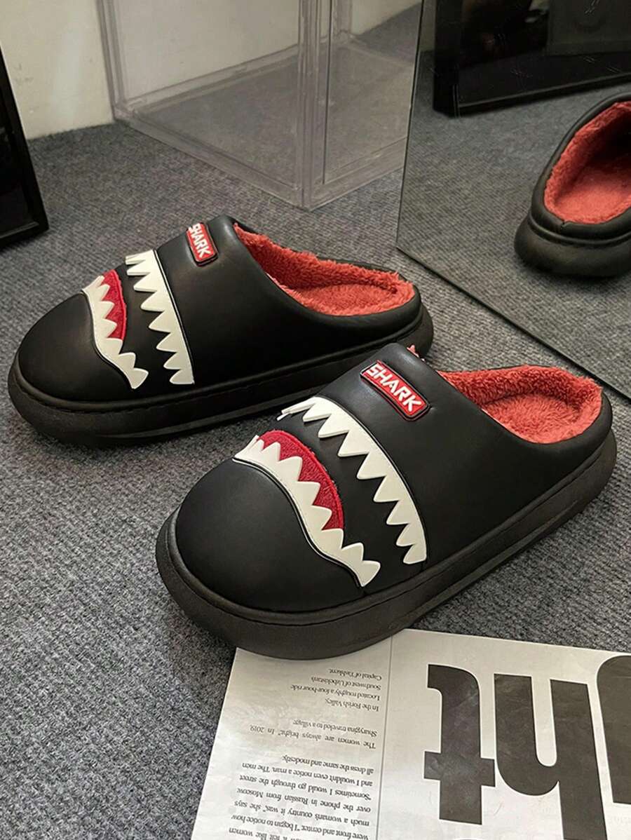 男士卡通鲨鱼毛绒加厚保暖冬季拖鞋