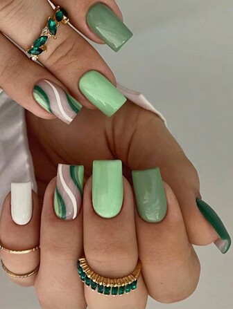 24 Green Nails, Medium Square Fake Nail Design, Swirl Glue, White Fake Nails, Smooth And Reusable Nail Pieces + 1 Jelly Glue + 1 Rubbing Strip, Suitable For Women'S Daily Nail Decoration Press On Nails Nail Supplies Nails