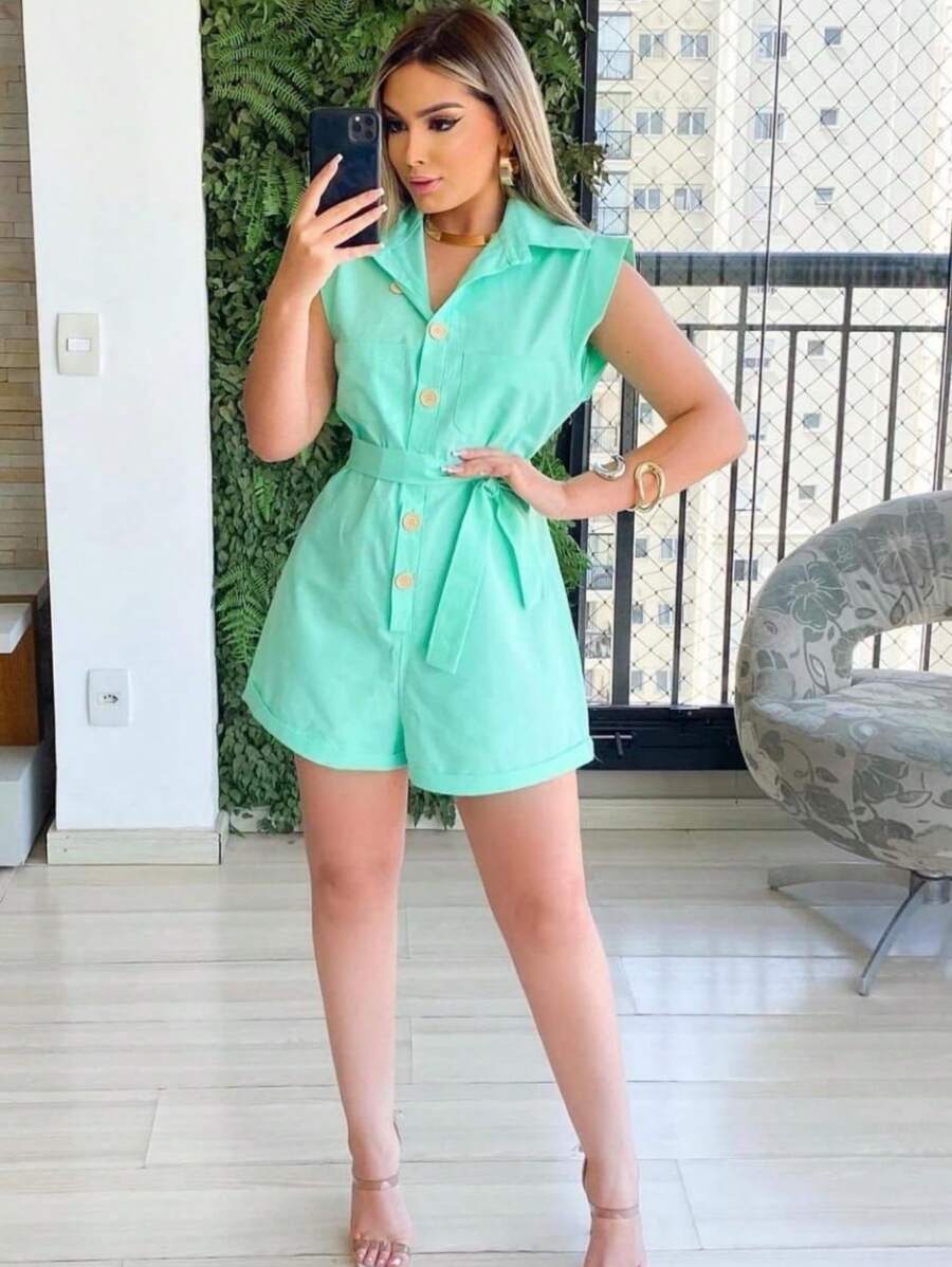 Women's Clothing/ Rompers/ Headband/ Linen - 橄欖綠 - 查看 1