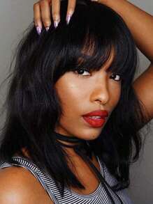 14 Inch Wavy Synthetic Wig With Bangs Short Bob  Wigs Curly Wavy Shoulder Length  Wig Daily Colorful Wig - Black - View 11