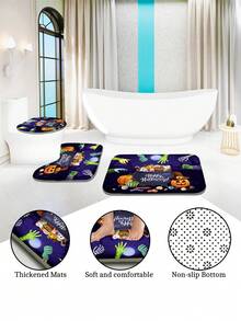 1 件/4 件万圣节多功能浴室装饰套装：带 12 个挂钩的防水浴帘、防滑浴垫、U 型马桶垫和圆形马桶盖，适用于所有浴室场景 - 彩色 - 查看 8