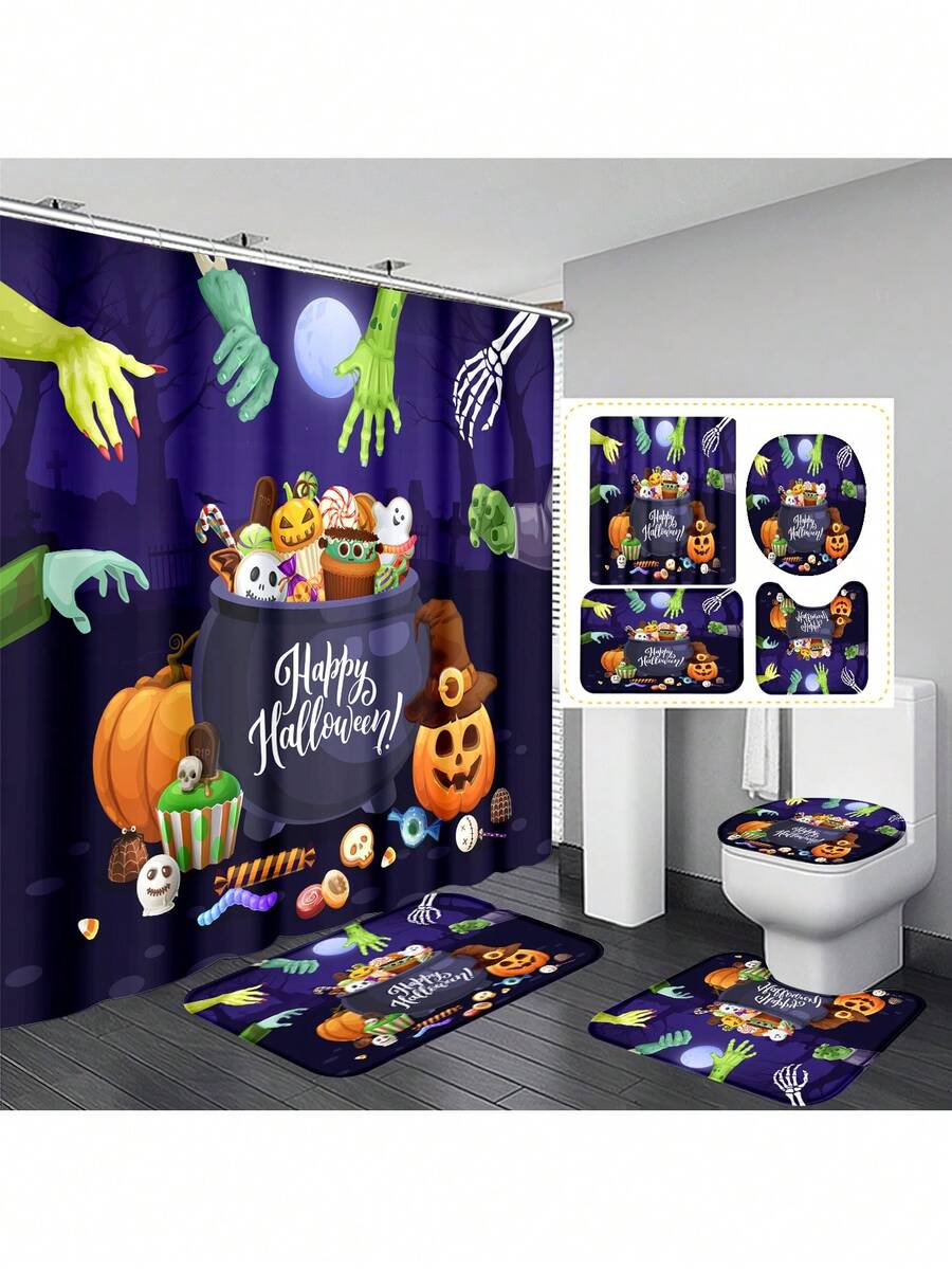 1 件/4 件万圣节多功能浴室装饰套装：带 12 个挂钩的防水浴帘、防滑浴垫、U 型马桶垫和圆形马桶盖，适用于所有浴室场景 - 彩色 - 查看 1
