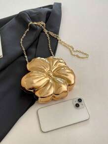 1 Stylish Solid Color Messenger Bag Metallic Flower Shape Evening Clutch Bag, For Wedding Party Formal Dress Accessory, Lipstick, Coin Purse, Jewelry Pouch, With Detachable Chain Strap, Chic Gift For Her