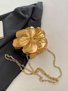 1 Stylish Solid Color Messenger Bag Metallic Flower Shape Evening Clutch Bag, For Wedding Party Formal Dress Accessory, Lipstick, Coin Purse, Jewelry Pouch, With Detachable Chain Strap, Chic Gift For Her