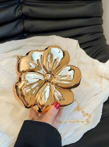 1 Stylish Solid Color Messenger Bag Metallic Flower Shape Evening Clutch Bag, For Wedding Party Formal Dress Accessory, Lipstick, Coin Purse, Jewelry Pouch, With Detachable Chain Strap, Chic Gift For Her