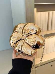 1 Stylish Solid Color Messenger Bag Metallic Flower Shape Evening Clutch Bag, For Wedding Party Formal Dress Accessory, Lipstick, Coin Purse, Jewelry Pouch, With Detachable Chain Strap, Chic Gift For Her
