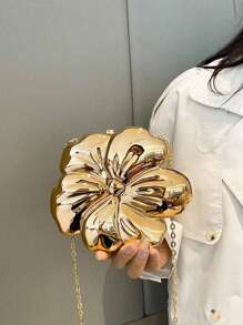 1 Stylish Solid Color Messenger Bag Metallic Flower Shape Evening Clutch Bag, For Wedding Party Formal Dress Accessory, Lipstick, Coin Purse, Jewelry Pouch, With Detachable Chain Strap, Chic Gift For Her