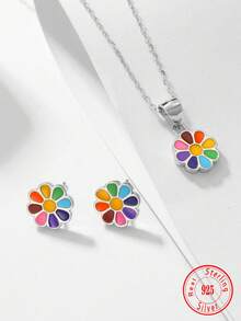 925er Sterlingsilber zarte und bunte Blumen Halskette, Ohrringe 3 Stücke Schmuckset für Kinder, Geschenke für den Alltag und Feiertage