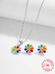925er Sterlingsilber zarte und bunte Blumen Halskette, Ohrringe 3 Stücke Schmuckset für Kinder, Geschenke für den Alltag und Feiertage