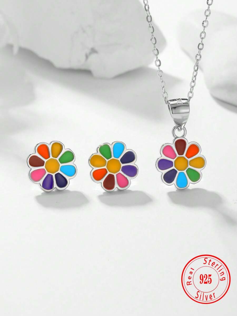 925er Sterlingsilber zarte und bunte Blumen Halskette, Ohrringe 3 Stücke Schmuckset für Kinder, Geschenke für den Alltag und Feiertage