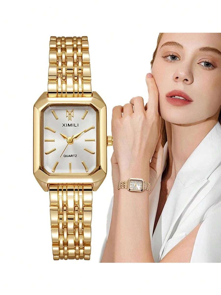 1pc Women's Fashion Quartz Watch, Simple Dial Square, High-Quality Gold Plated, Stainless Steel Strap, Suitable For Birthday, Anniversary, Halloween, Holiday Gifts