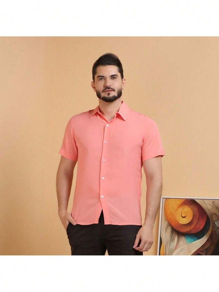 Men's Short Sleeve Linen Dress Shirt With Priest Collar - Summer Shirt - Cool Shirt - Beachwear - 西瓜粉 - 查看 1