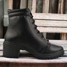 Women's Comfort Ankle Boot Low Thick Heel BLACK AND OFF Platform Blogger - màu đen - Xem 2