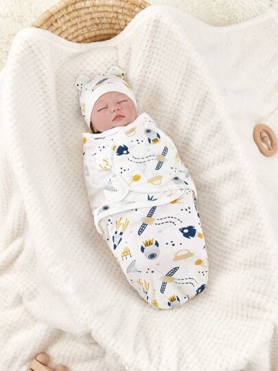 2 st/set baby unisex mössa och inlindningsfilt med tryck, vår/sommar