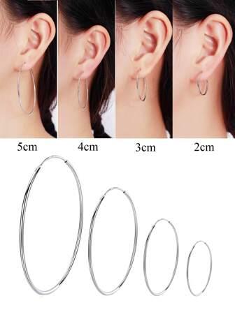 1 Pair 925 Sterling Silver Polished Endless Circle Hoop Earrings, Classic Everyday Wear & Party Jewelry Accessories, Gift For Her