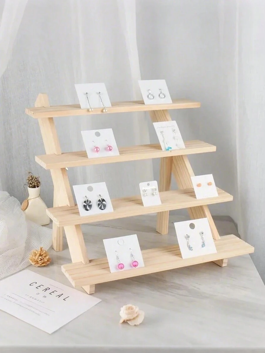 Stufendisplay-Ständer aus Holz für Armbänder und Ringe - Abnehmbarer Schmuckständer, elegantes mehrstufiges Holzregal für Accessoires, modulare Aufbewahrung für Schmuck-Sammlerstücke, vielseitige Holzleiter zum Organisieren von Kleinigkeiten - individuell anpassbarer Displayständer für kleine Schätze - Holzfarbe - Übersicht 1