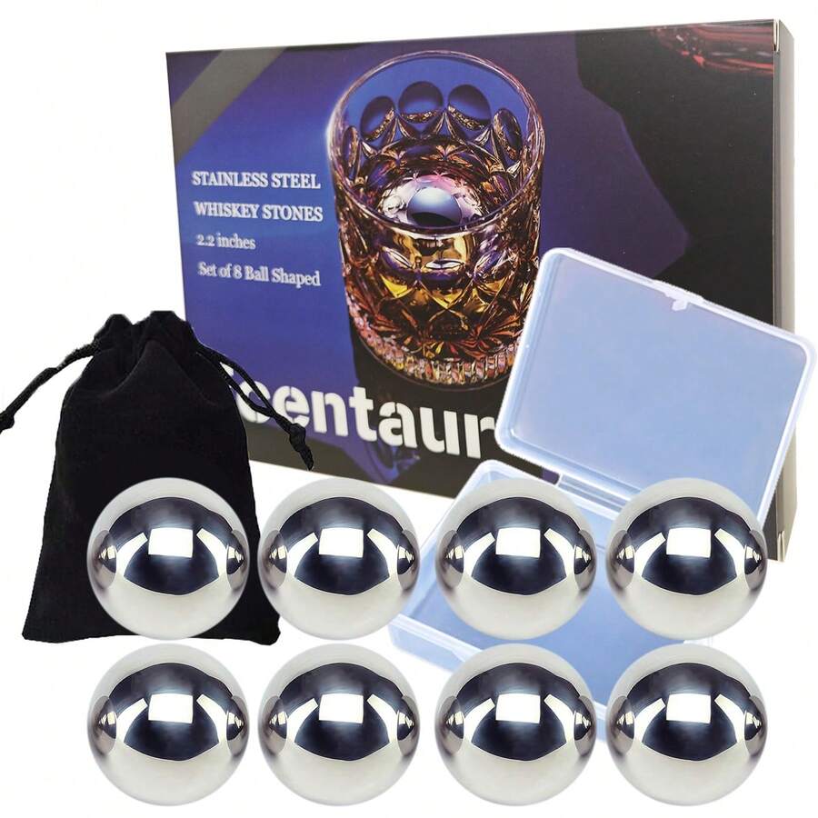 Large Whiskey Stones Stainless Steel Metal Ice Cube Reusable Balls 2.2" Gift Set For Men Chilling Drinks Set Of 8 - Silver - View 1