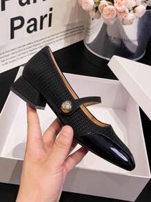 Women's Mary Jane Shoes, Strap Chunky Heel High Heels, Square-Toe Slip-On Pumps - Black - View 2