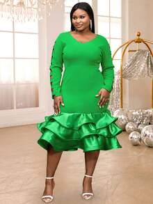 Plus Cutout Layered Hem Dress - Green - View 4